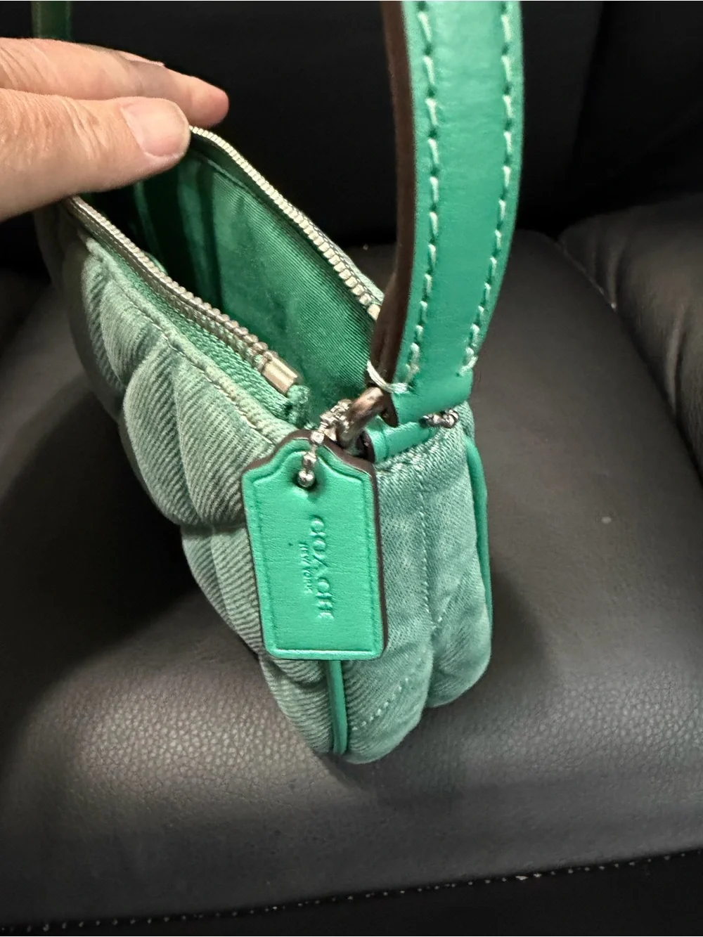 Coach Nolia Green denim silver hardware wristlet/mini bag
